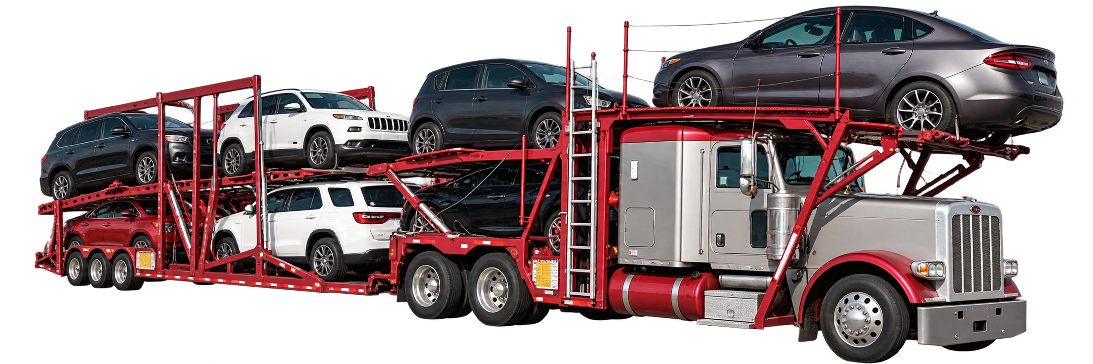 Lavs Transportation red-and-silver vehicle carrier